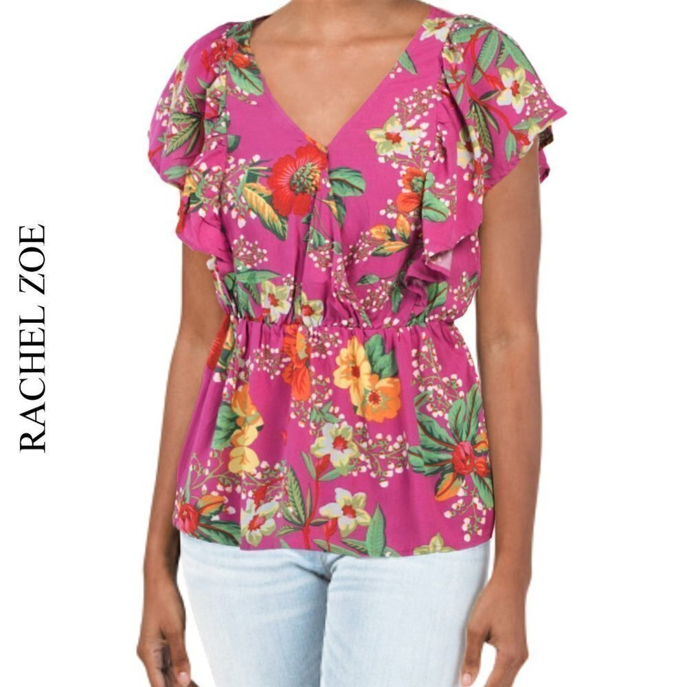 NWT Rachel Zoe Floral Print Wrap Stile Tie Waistband Peplum Blouse Top